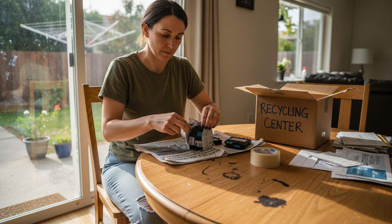 Woman wrapping printer cartridges for recycling