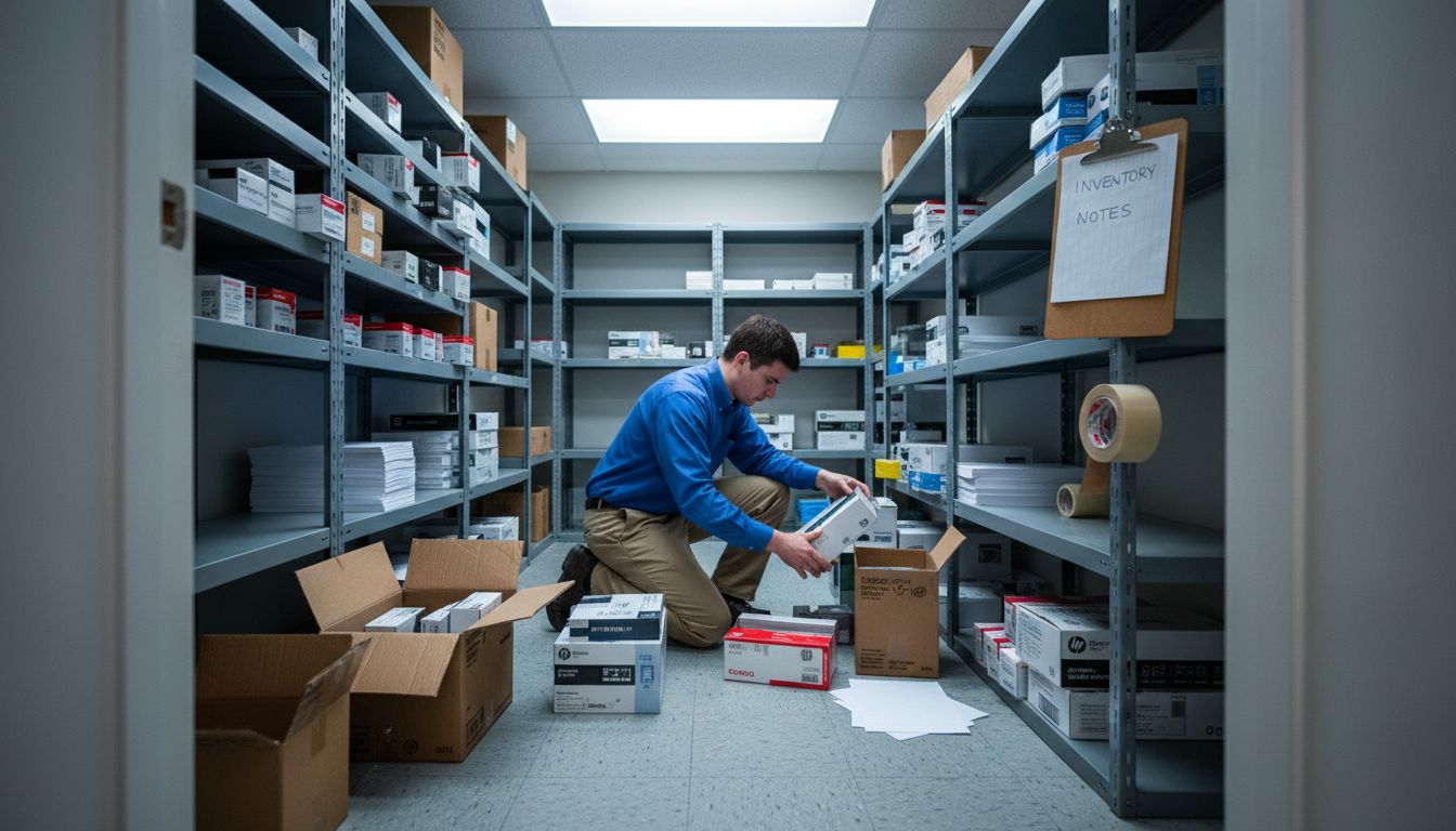 Organizing printer supplies in storage closet