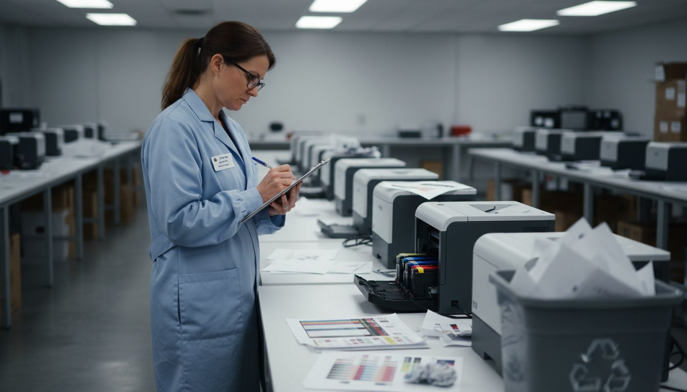 Technician testing printers in manufacturer lab