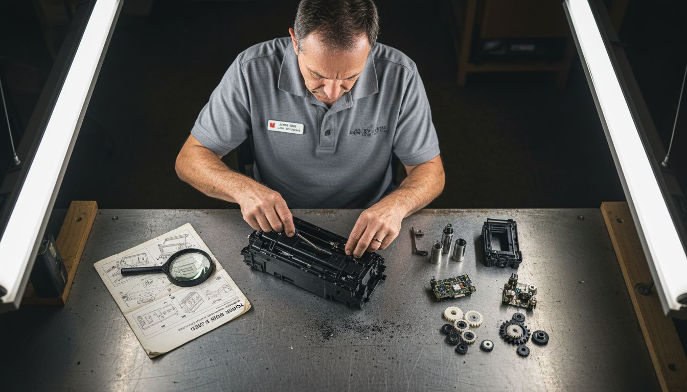 Technician disassembling toner cartridge step-by-step