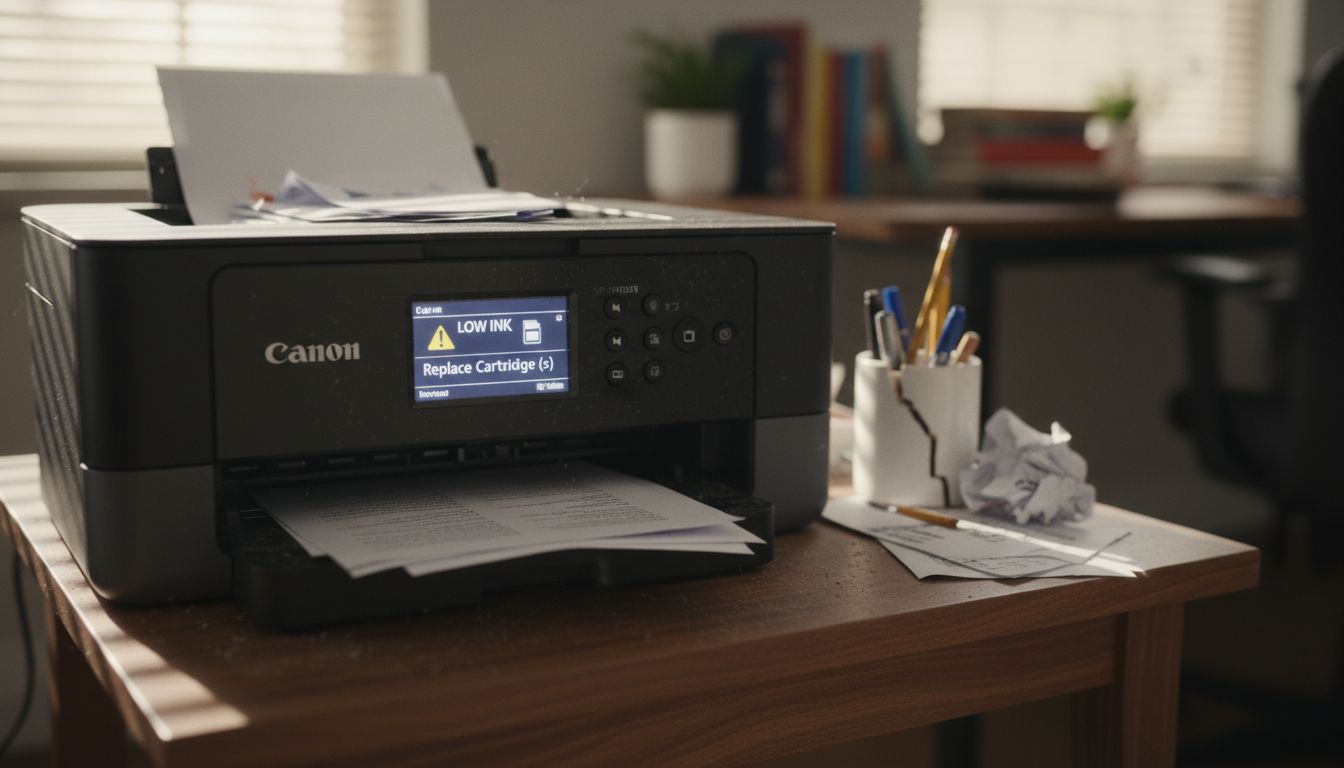 Printer low ink warning in messy workspace