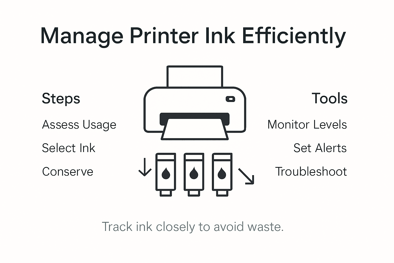 Infographic of printer ink management steps and tools