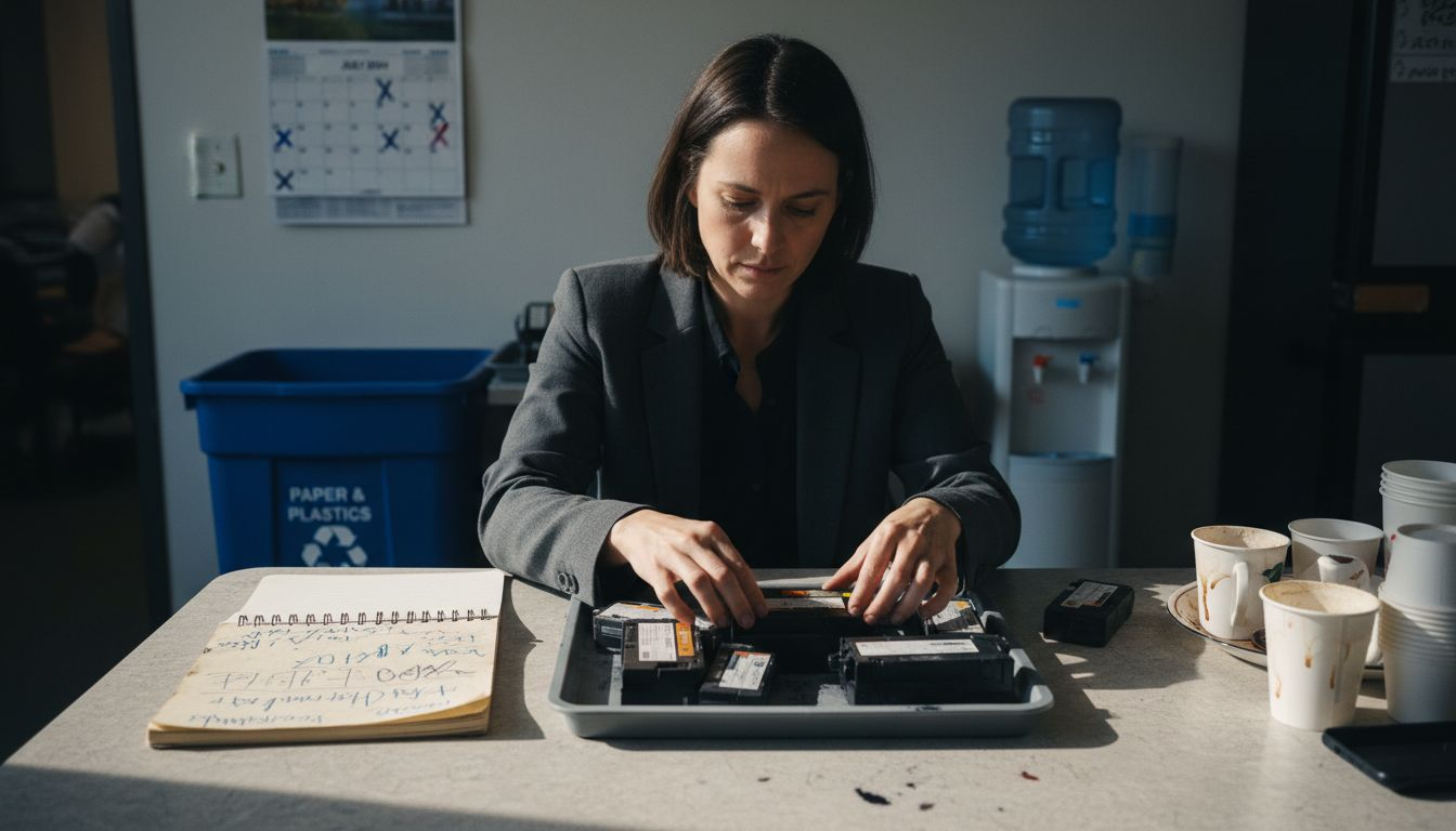 Office worker sorts different cartridge types