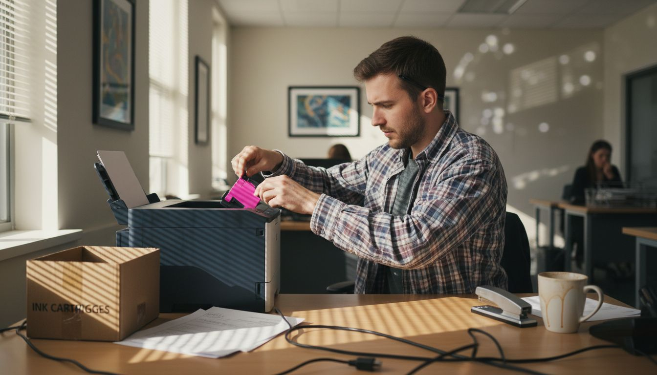 Employee replacing inkjet printer cartridge