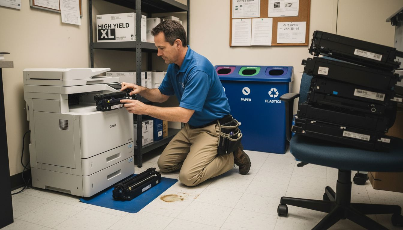 Staff member changing printer toner cartridge