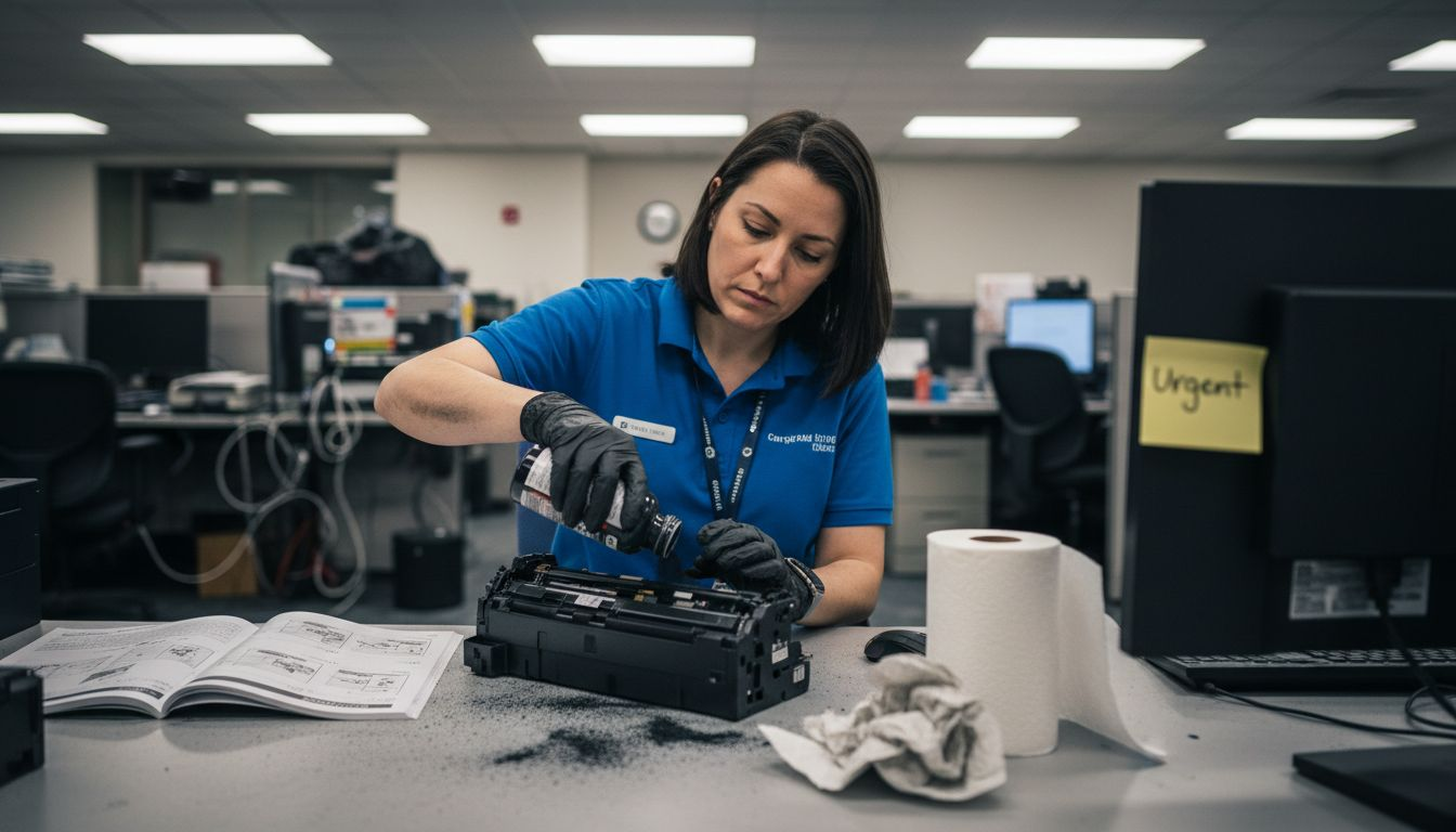 Technician refilling toner cartridge at workstation