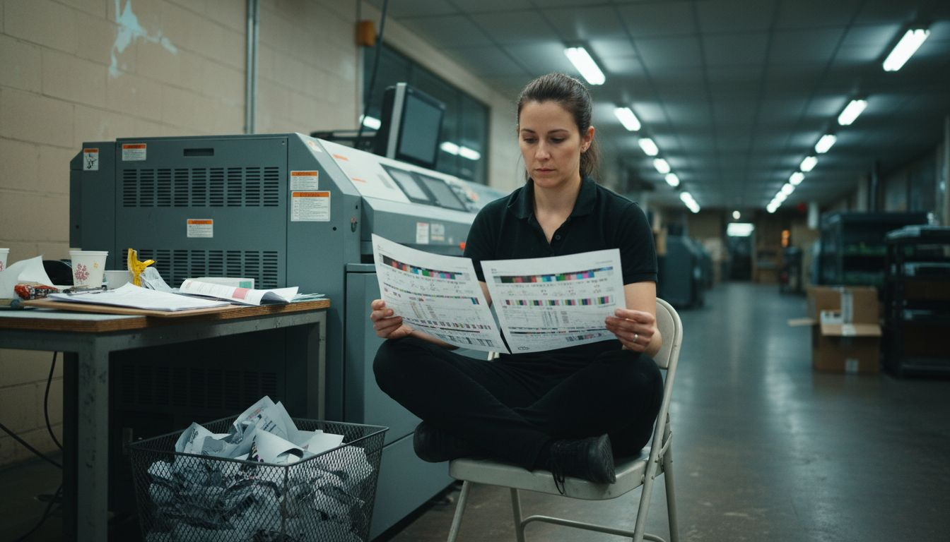 Technician checking ISO test page printouts