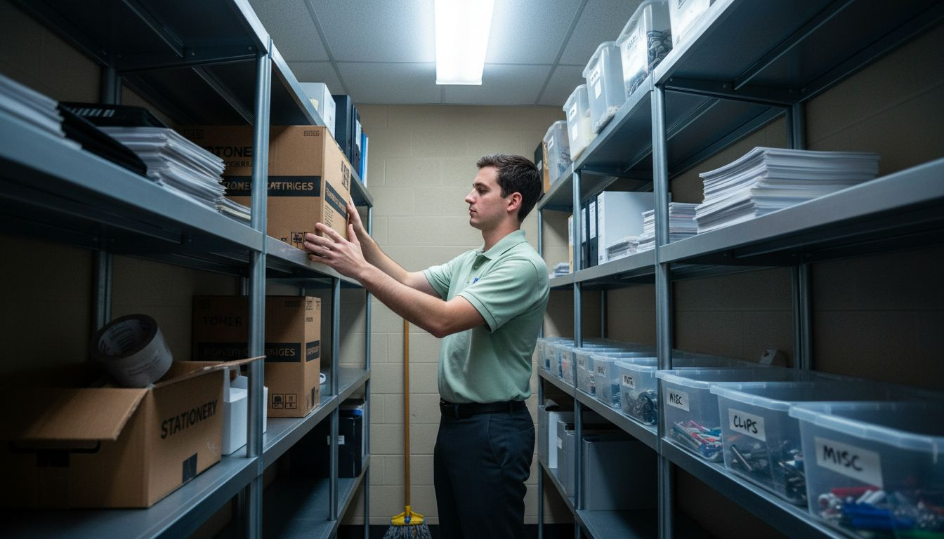 Assistant organizing labeled printer supply bins