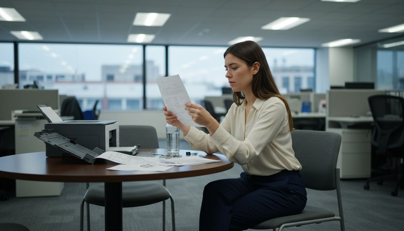 Woman checking print quality at meeting table