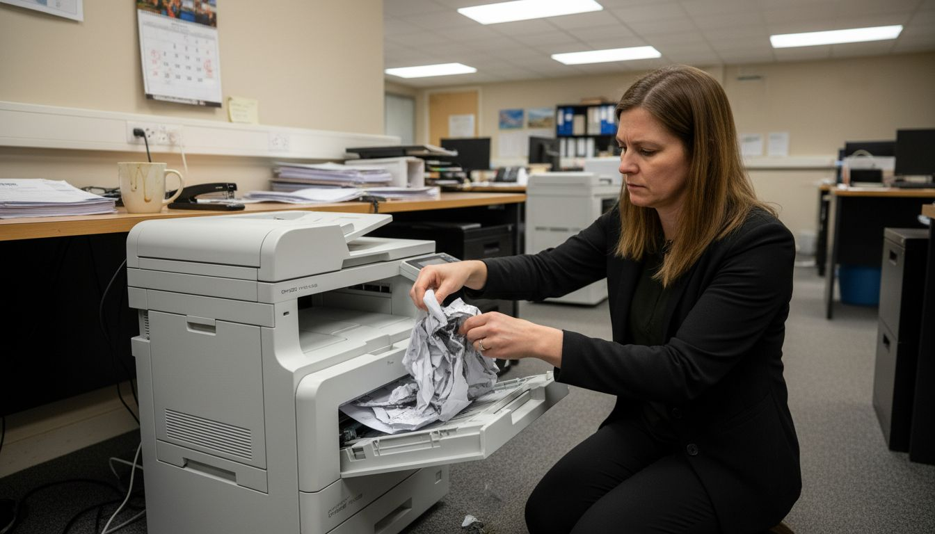Administrator fixing jammed office printer