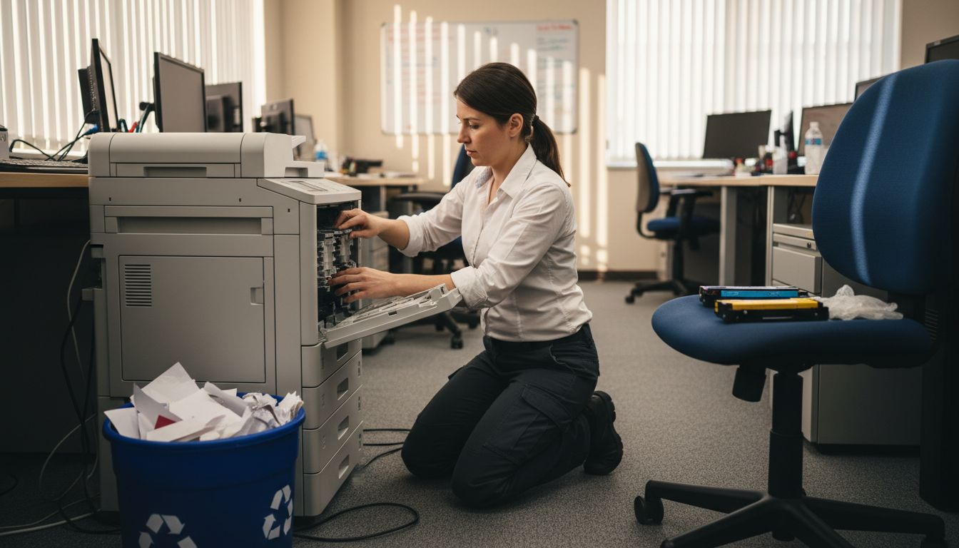 Technician replacing toner in busy office