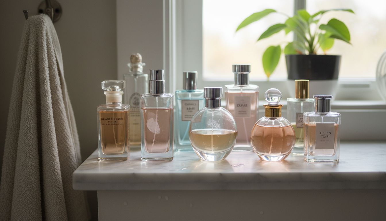 Various perfume bottles grouped by scent type