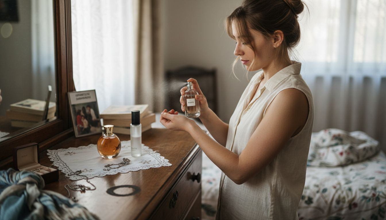 Жена стои пред тоалетката си в спалнята и сравнява различни парфюми, чудейки се кой аромат да избере.