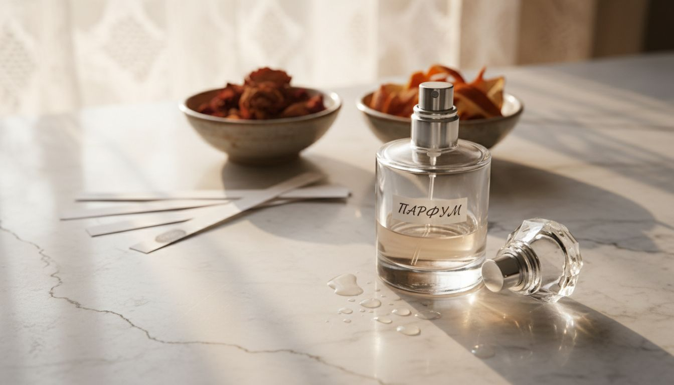 Флакон с парфюм, придружен с описание на ароматните нотки