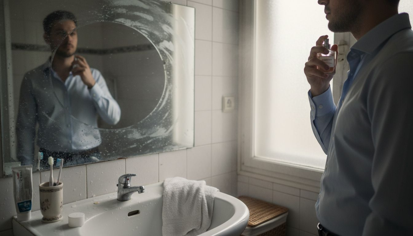 Мъж нанася парфюм върху китките и шията си, за да подчертае аромата.