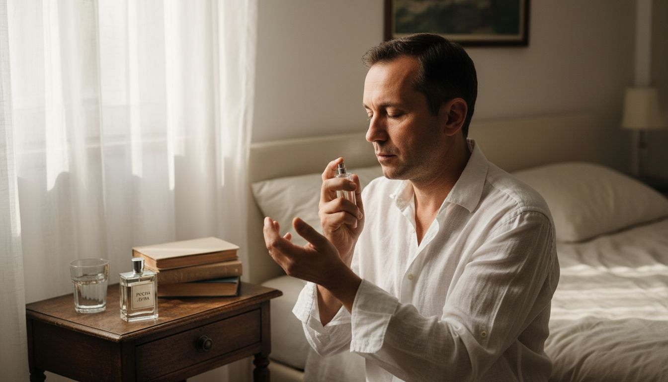 Мъж си пръска парфюм на китката, за да тества аромата у дома.