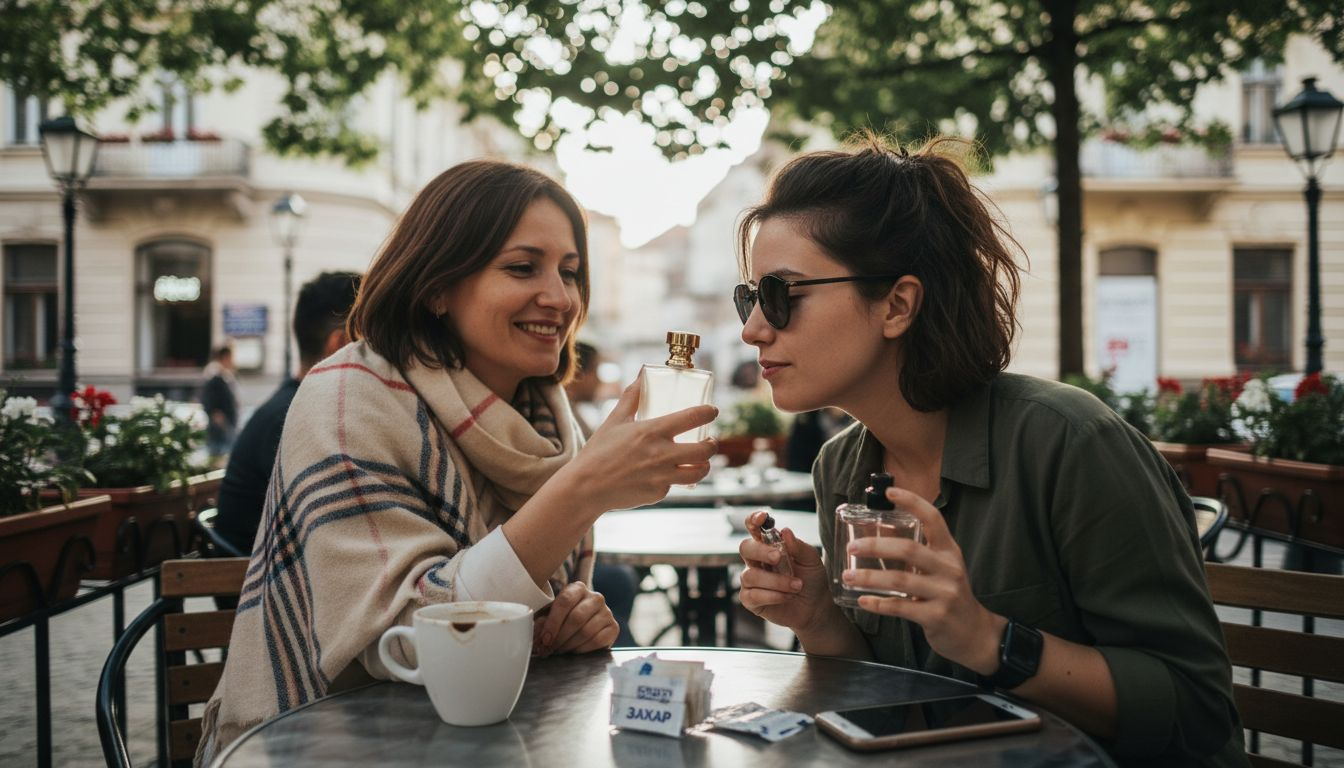 Група приятелки си разменят парфюми и обсъждат ароматите им, докато седят на маса в уютно кафене на открито.