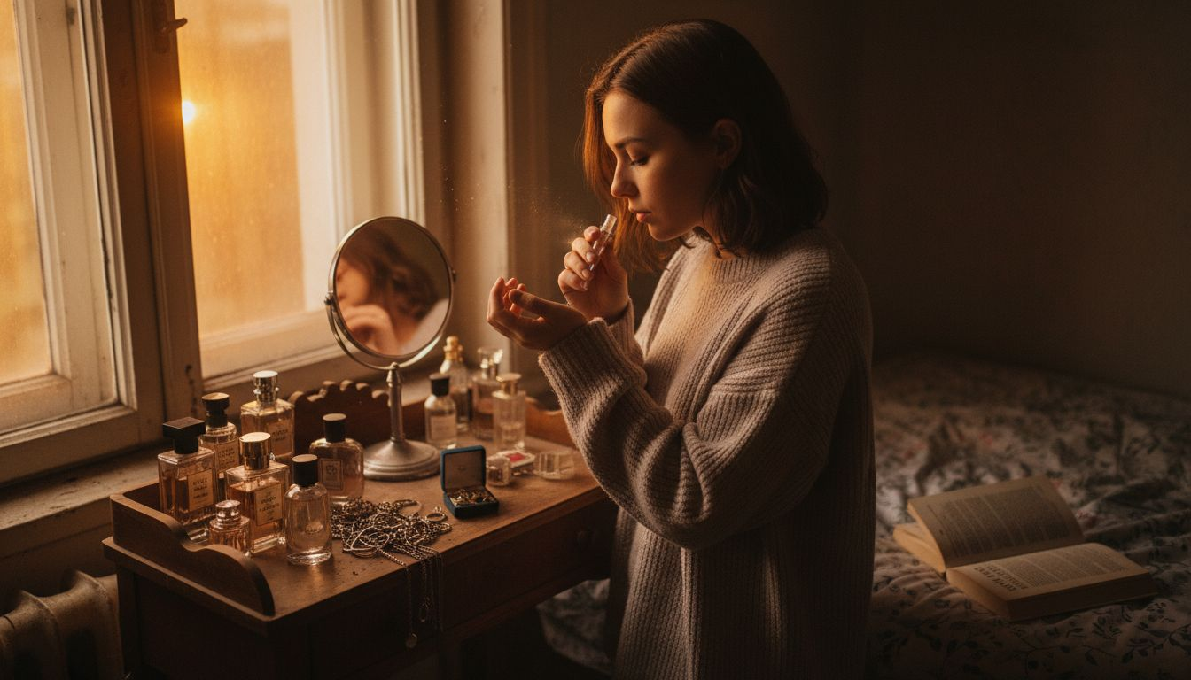 Eine Frau probiert Parfüm vor einem Retro-Schminktisch, versunken im Charme der Vergangenheit.