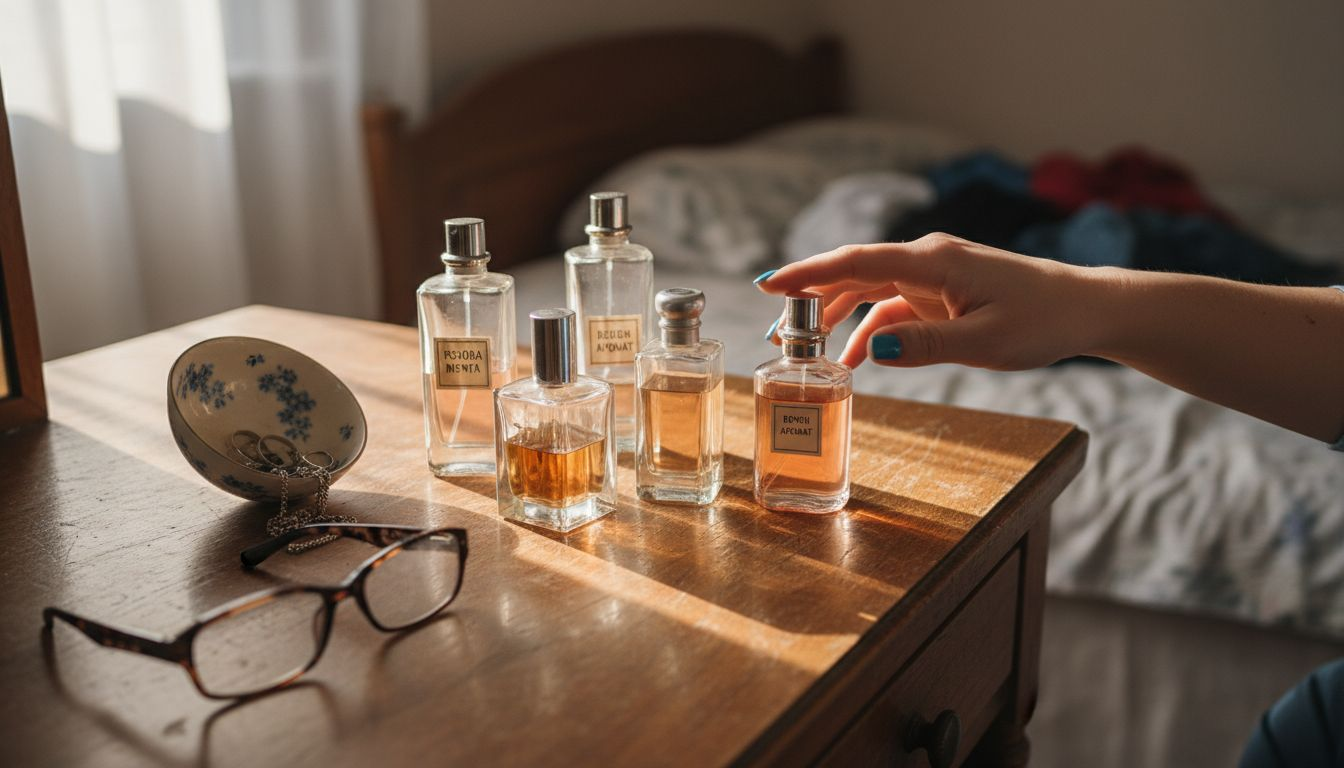 Разнообразни парфюми, наредени без ред върху претрупаната тоалетка.