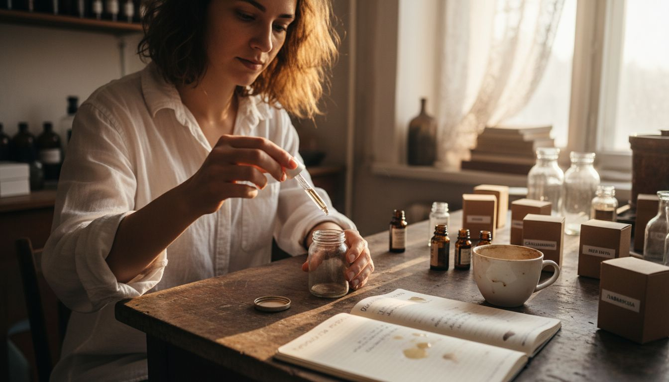 В лаборатория по парфюмерия жена създава аромати, смесвайки различни масла.