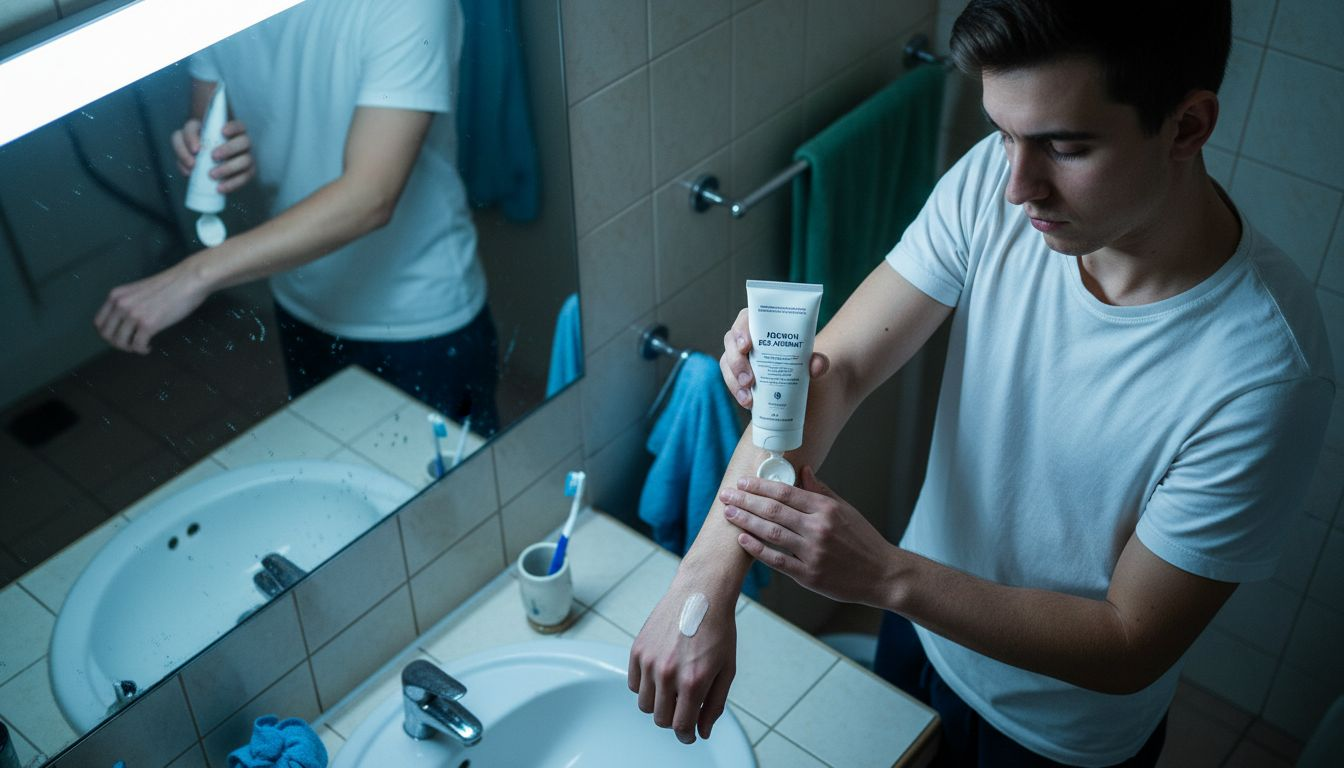 Мъж нанася хидратиращ крем, за да подготви кожата си преди да сложи парфюм.