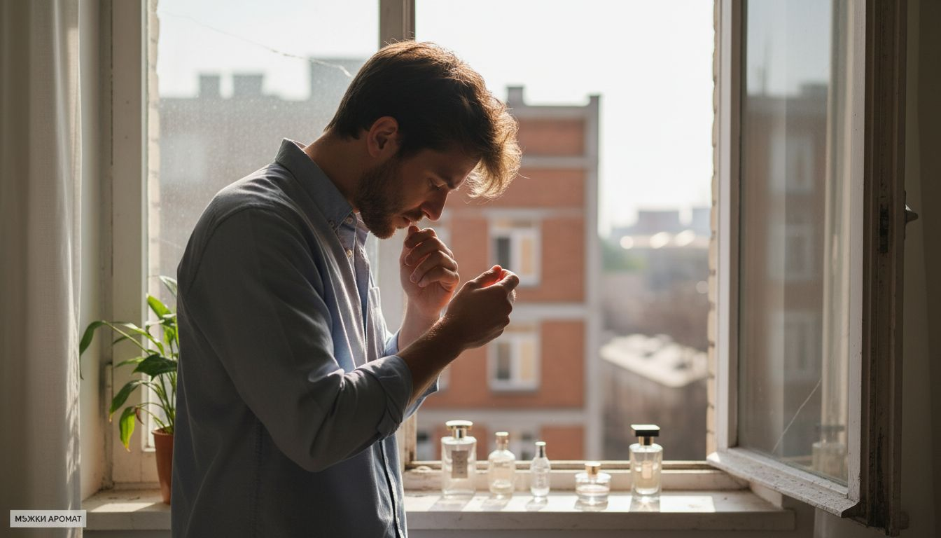 A man stands by a window and inhales the scent of perfume he sprayed on his wrist.