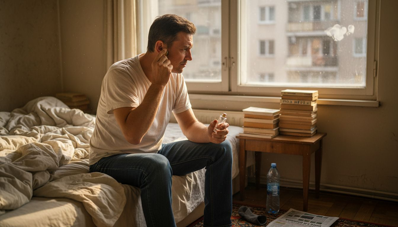 Мъж пръска парфюм зад ухото си.