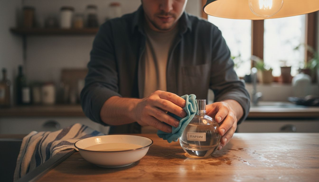 Мъж почиства шише от парфюм в кухнята.