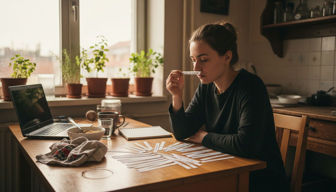 Жена нарежда ароматни ленти върху масата.
