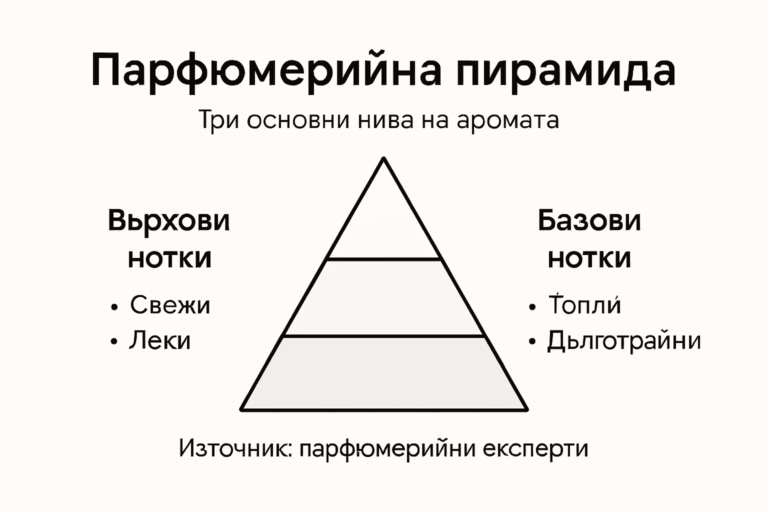Инфографика, представяща ароматната пирамида и основните ухания в парфюмерията