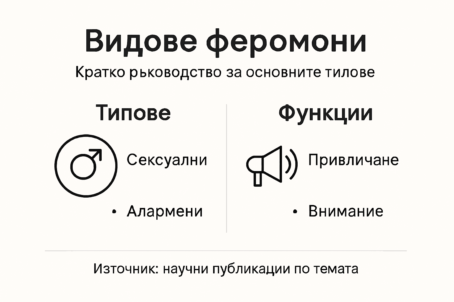 Инфографика с обобщение на видовете феромони и тяхната роля