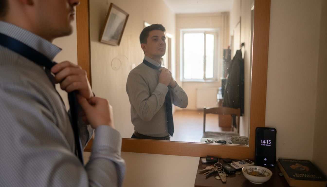 Мъж оправя вратовръзката си и пръска парфюм в коридора.