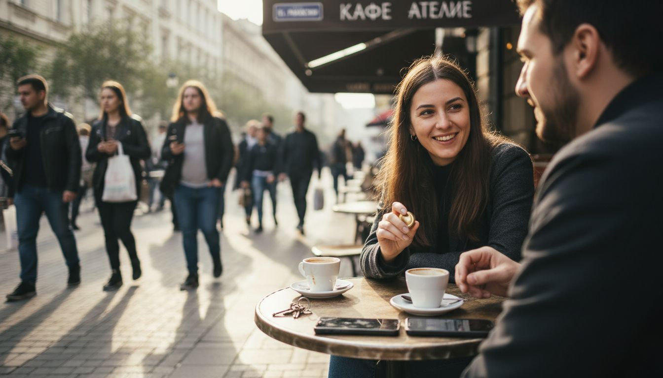 Двама души си бъбрят на чаша кафе в уютно градско кафене, изпълнено с аромат на парфюм.