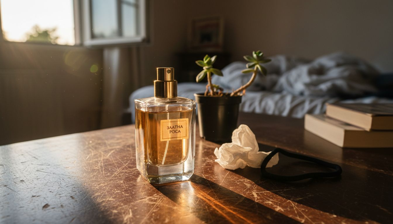 Близък кадър на изискан парфюм, поставен върху дървена маса