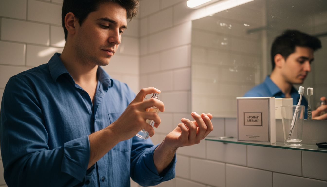 Мъж си слага парфюм с феромони, за да впечатли околните.