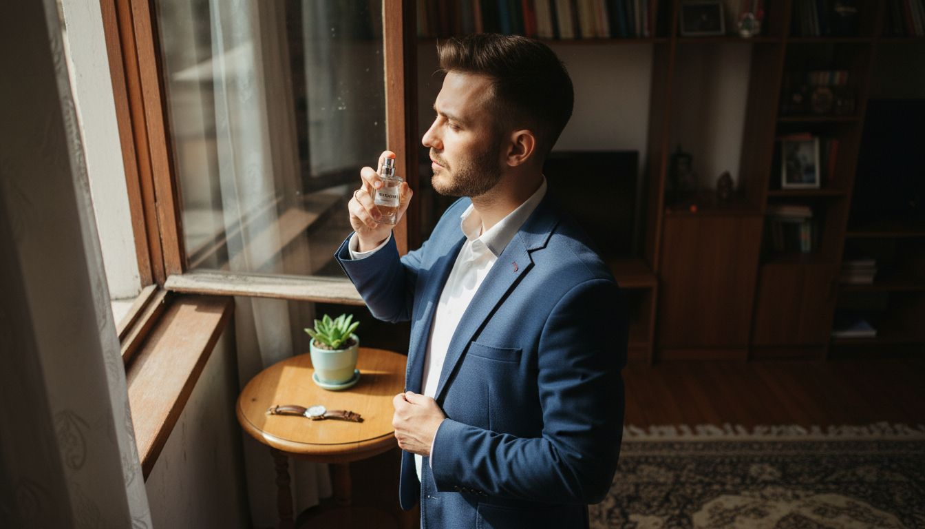 Ein Mann macht sich für die Arbeit fertig – er wählt ein Business-Outfit und sprüht sich sein Lieblingsparfüm auf.