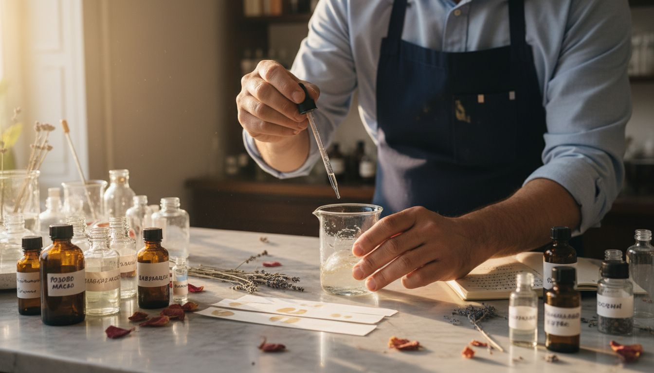 Парфюмеристът създава нов аромат, комбинирайки различни есенции.