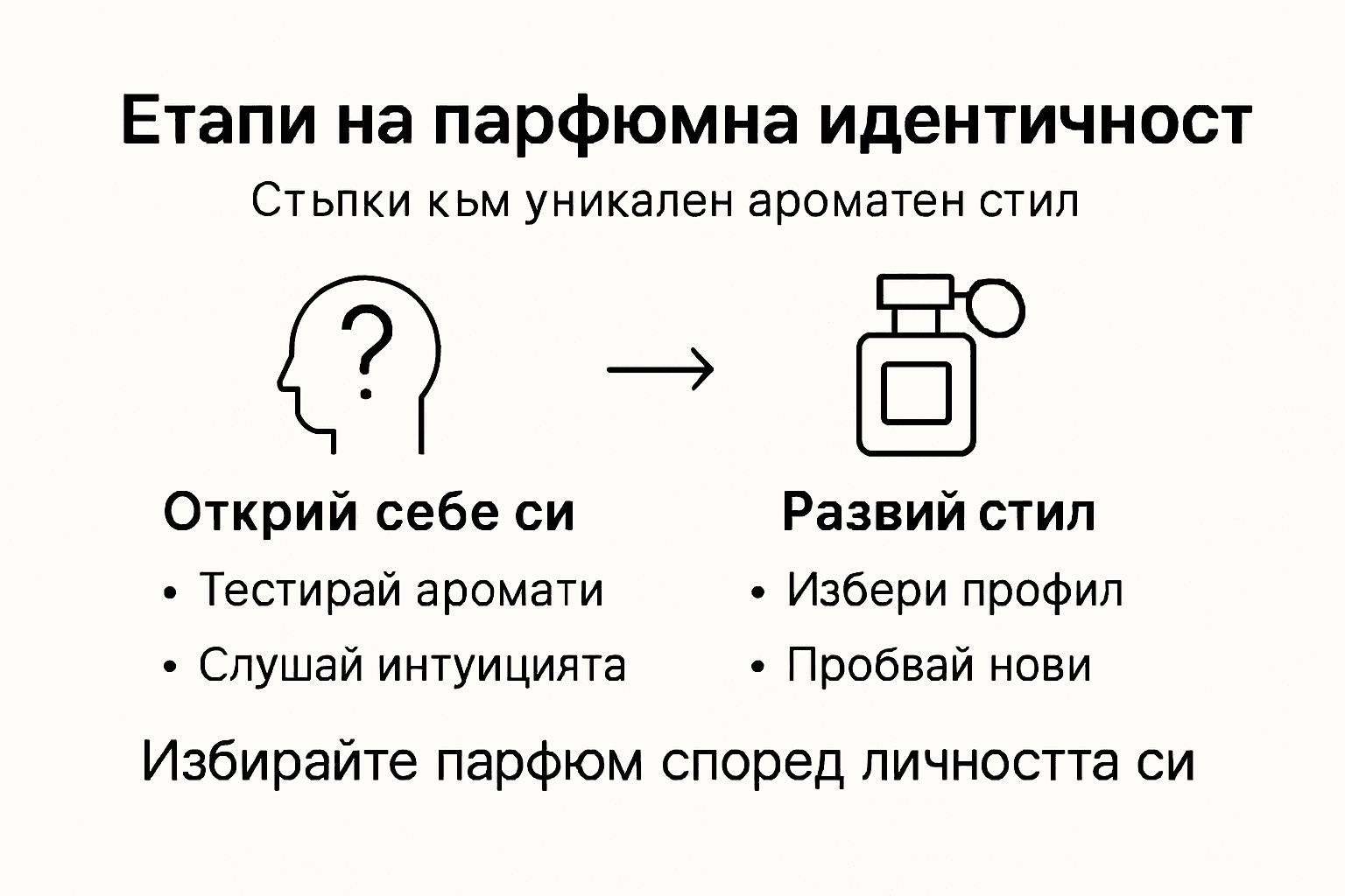 Визуално представяне на основните стъпки в изграждането на своя парфюмен стил