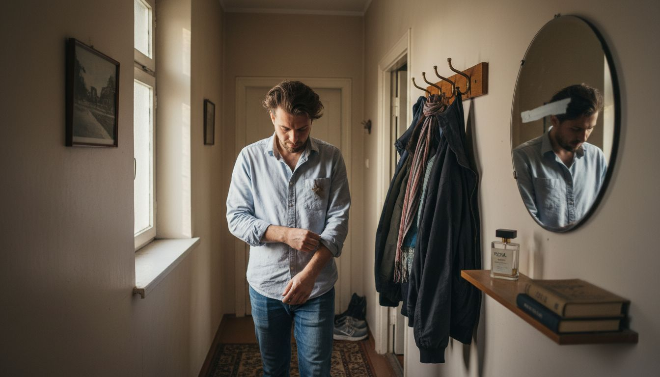 Мъж се пръска с парфюм преди да излезе навън.