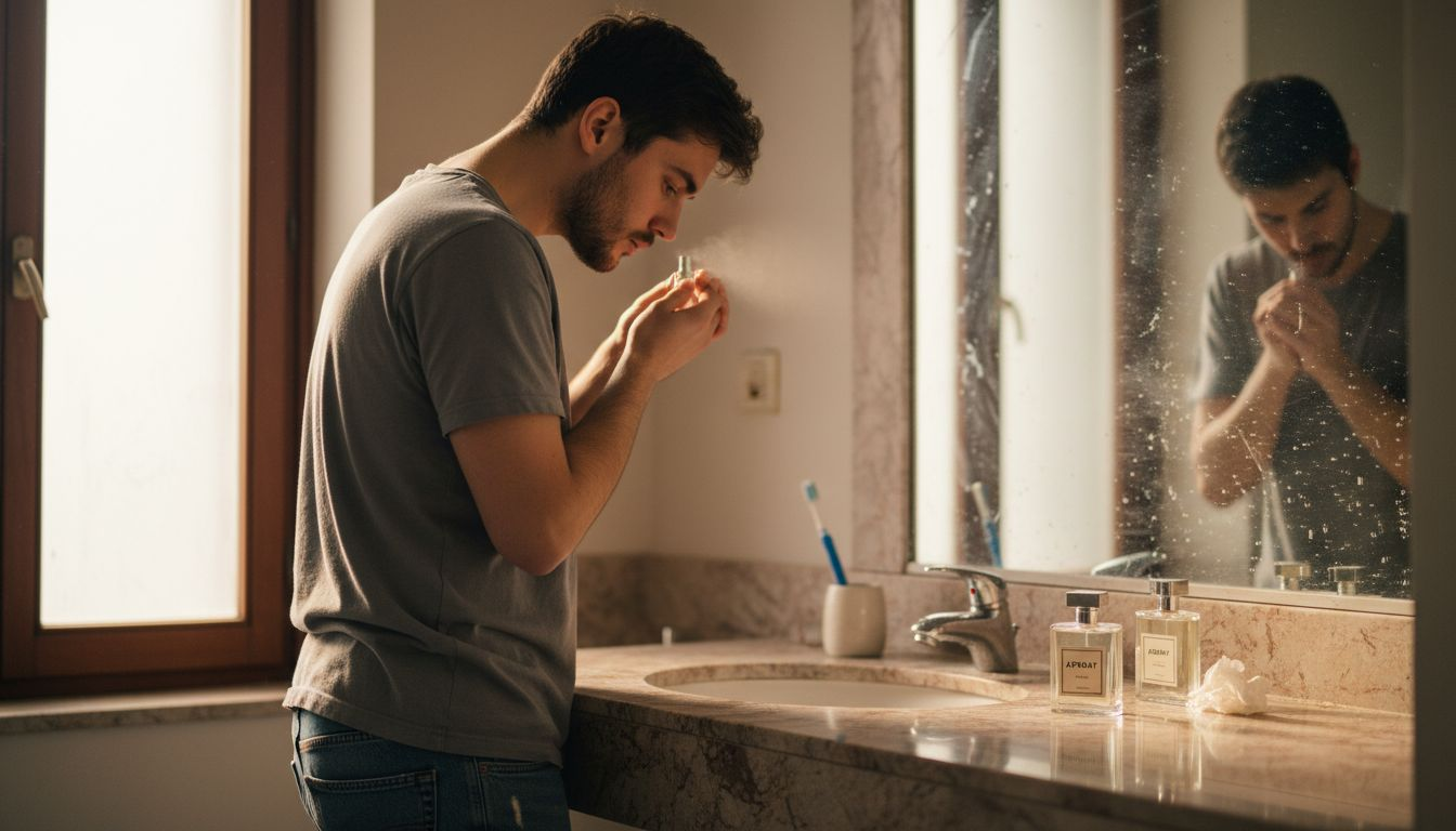 Мъж нанася парфюм върху китката си, за да усети аромата му.