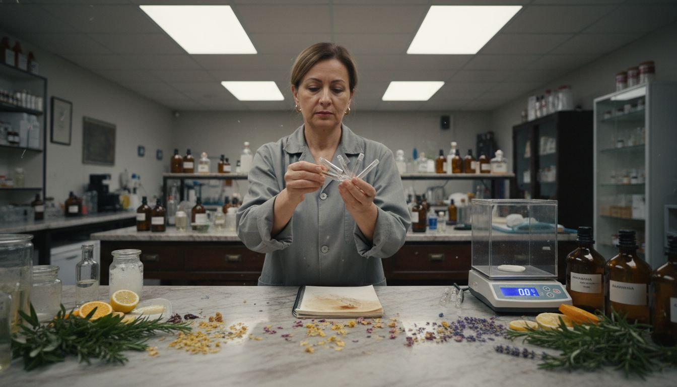 Парфюмерът внимателно подбира и оценява естествени аромати, за да създаде уникални ухания.