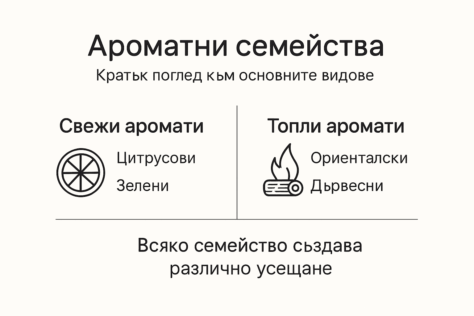 Инфографика: основни ароматни семейства и видове парфюмни композиции