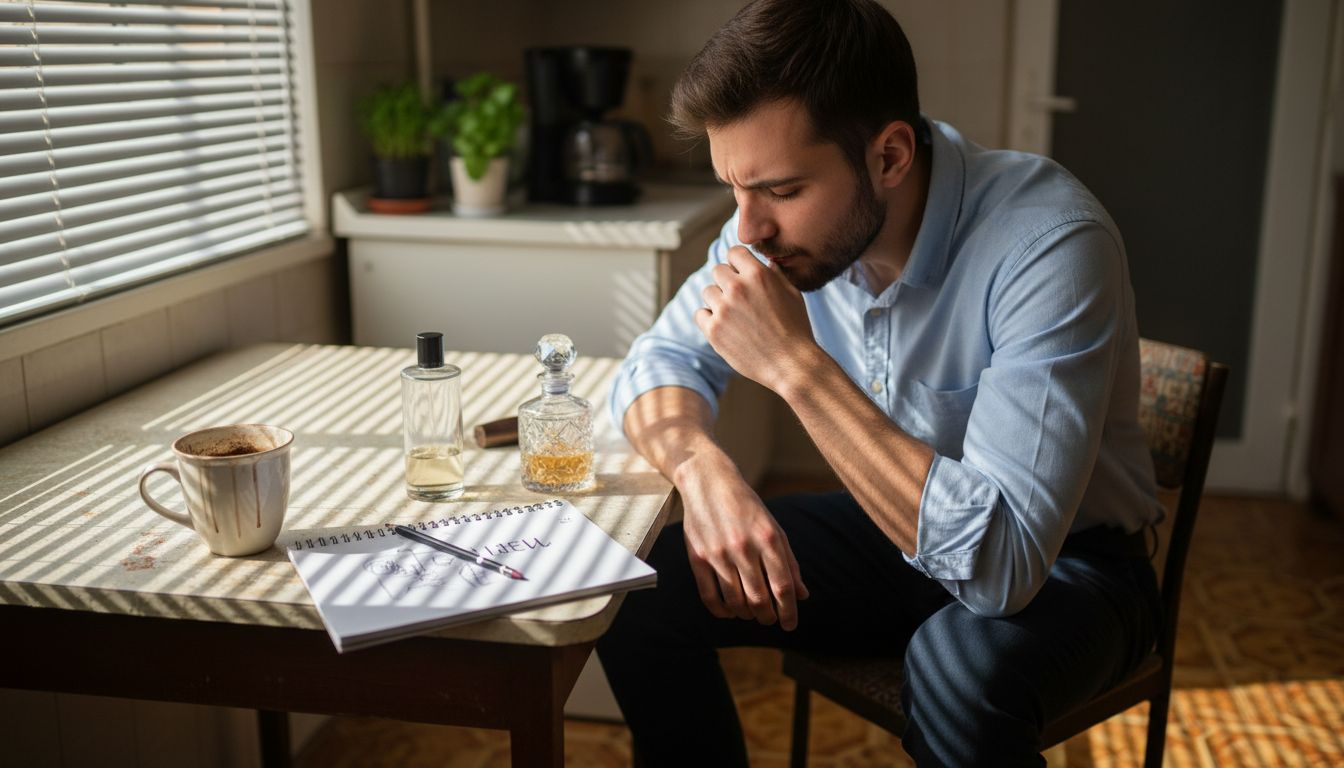 Мъж седи на маса и избира между два различни парфюма, като ги сравнява внимателно.