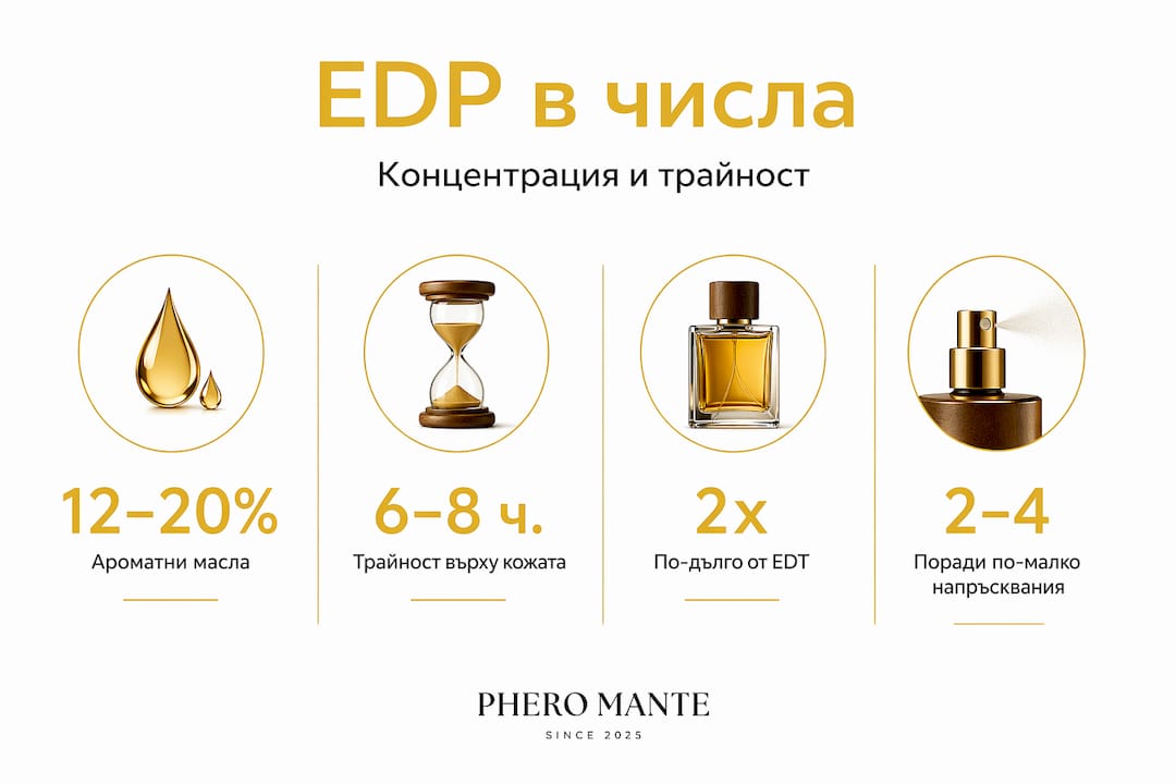Графика, която показва видовете парфюми според концентрацията и колко дълго се задържа ароматът им