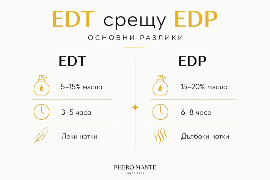 Инфографика представя основните разлики между EDT и EDP по ясен и достъпен начин.