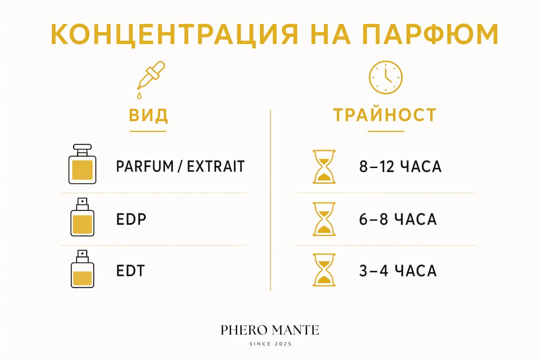 Графика, която показва колко силни и колко дълготрайни са различните видове парфюми