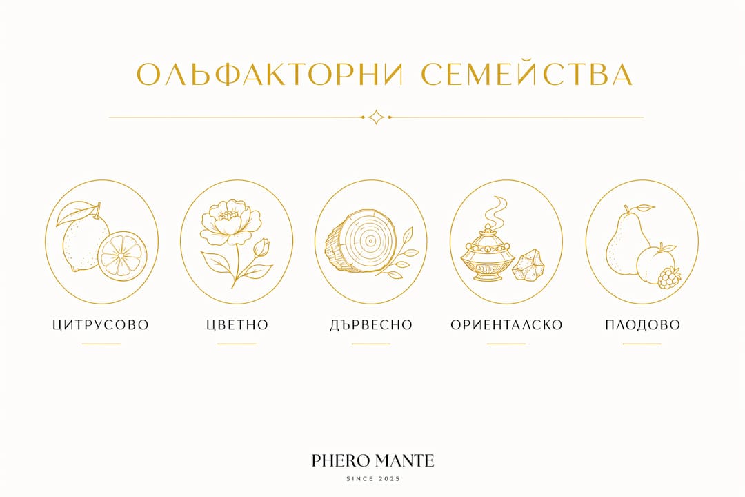 Инфографика, която представя различните ароматни семейства и символиката им