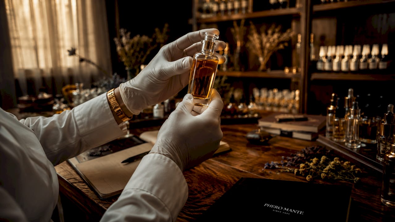 Ръце държат малко шишенце с есенция за парфюм, извлечена чрез CO₂ екстракция
