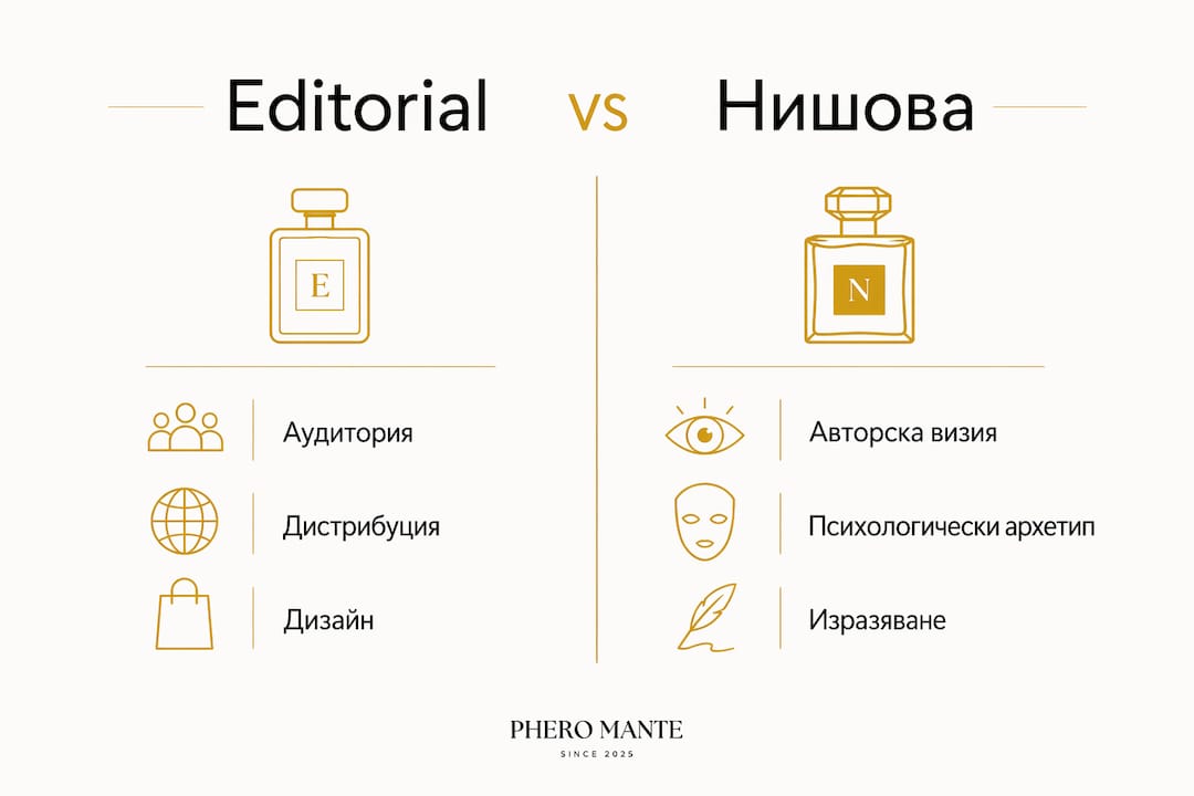 В тази инфографика може да видите какво отличава масовите (editorial) парфюми от нишовата парфюмерия и какви са основните разлики между тях.