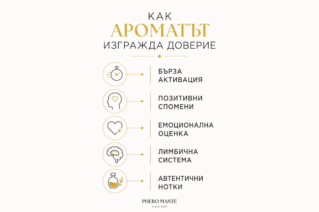 Инфографика, която показва как ароматът помага да създадем доверие и близост с хората около нас.